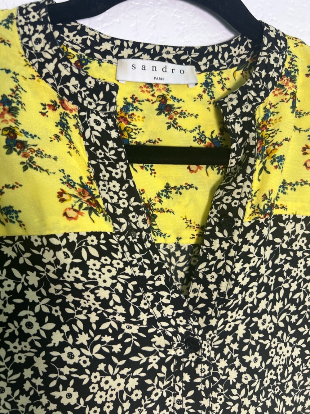 Sandro Floral Patchwork Mini Dress Yellow Black Long Sleeve Boho Size 2 - Picture 11 of 13